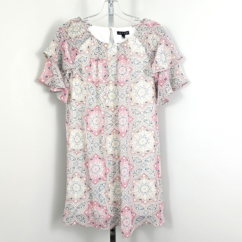 As U Wish‎ Paisley Print Ruffle Short Sleeve Lined Dress Pink Cream Multi S